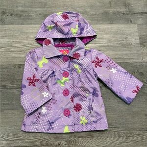 Pink Platinum Purple Floral Hooded Raincoat with Accents. Girls’ 12 months